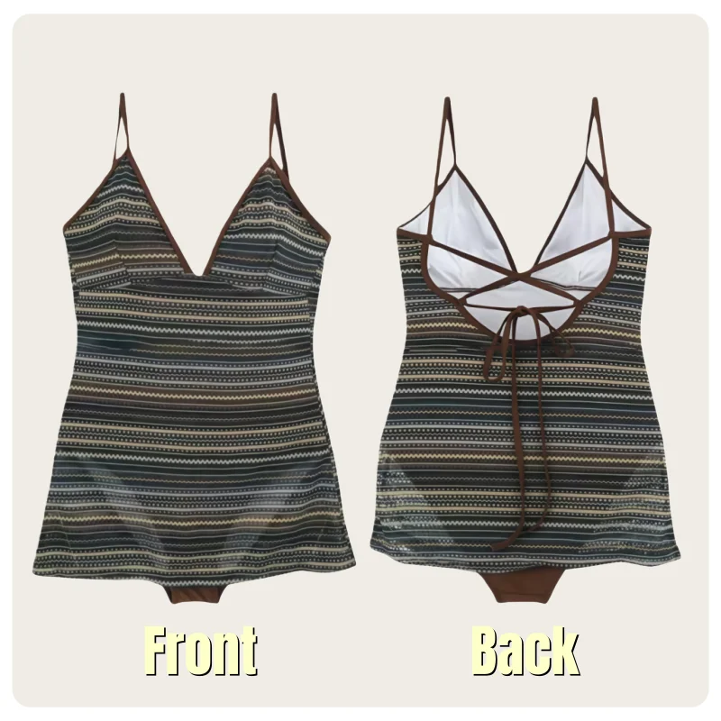 Korean Style Women's Fashionable V-Neck Backless Cross-Tie Design Striped Slim-Fit Skirt-Style One-Piece Swimsuit