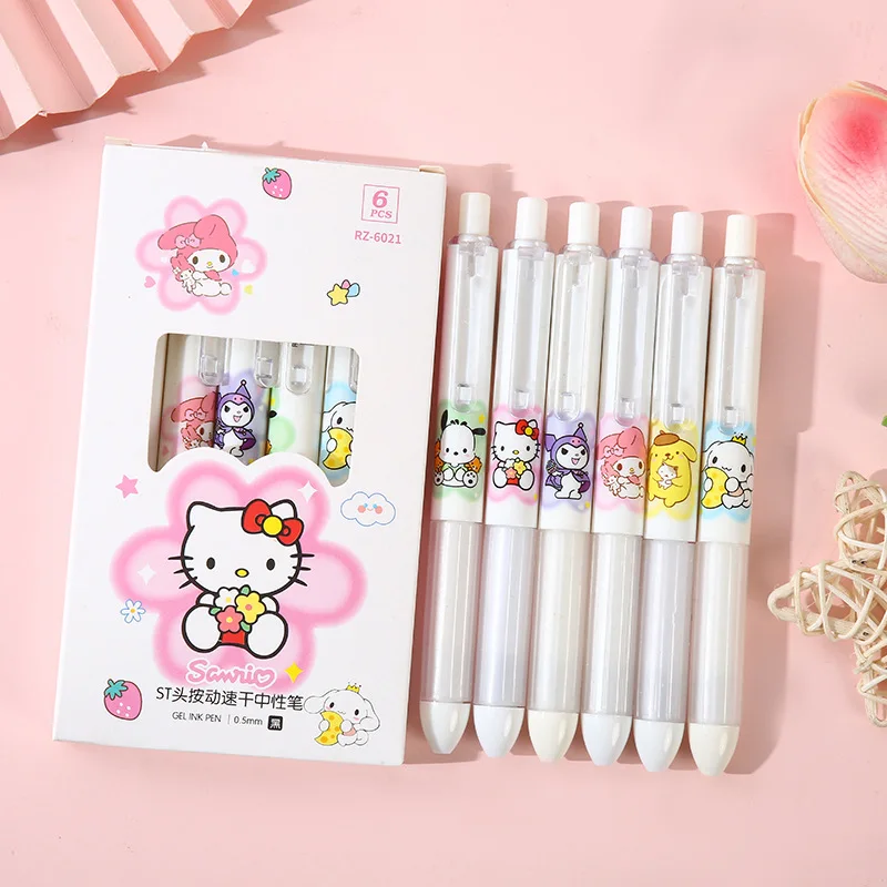 ปากกาหมึกเจลกด Kawaii Kuromi 6ชิ้น/กล่องสำหรับการเขียนน่ารัก Sanrio Melody 0.5มม. สีดำหมึกกลางปากกาสำนักงานโรงเรียน Zakka