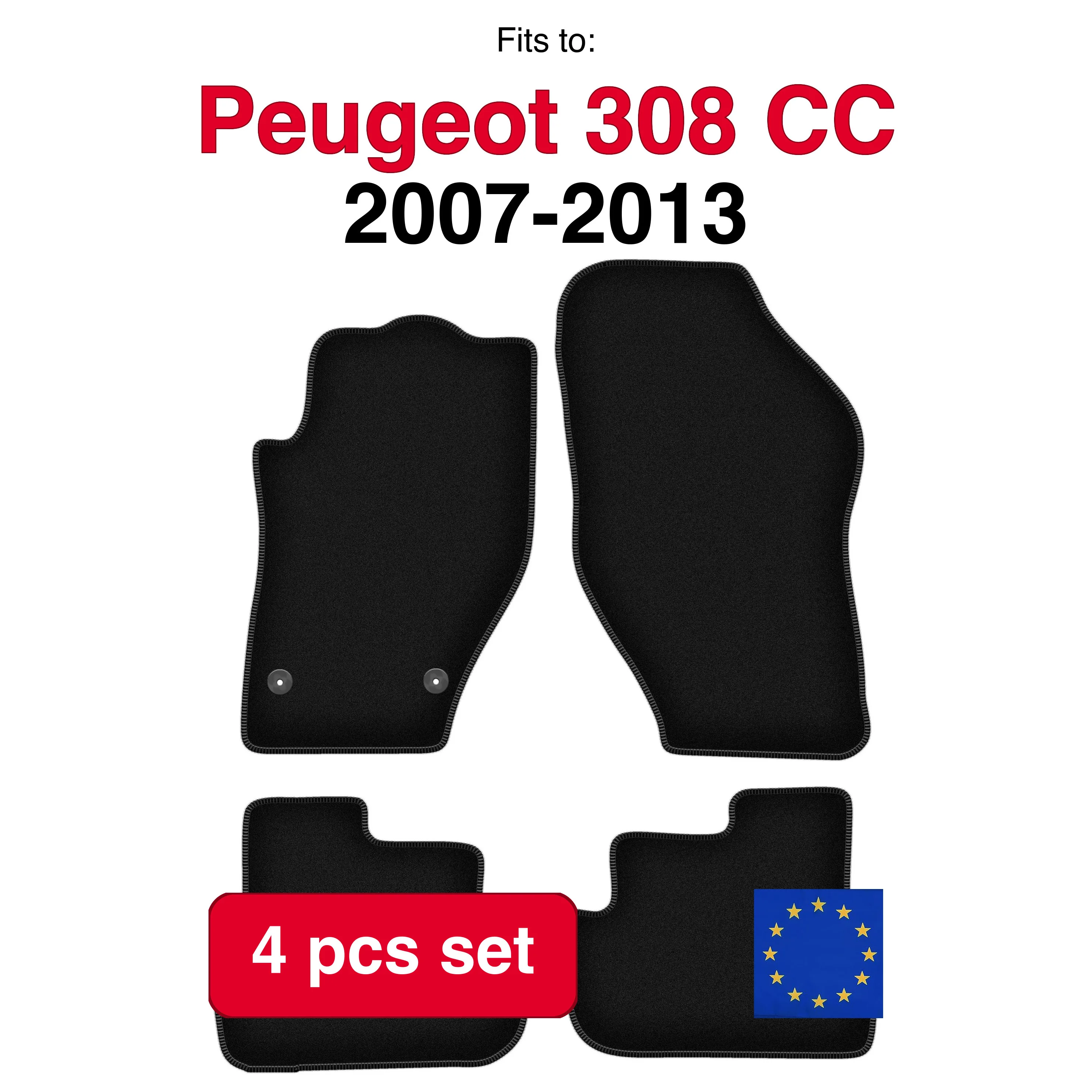 Jeu de tapis en velours pour Peugeot 308 CC cabriolet (2007-2013) -Noir (4 pièces)