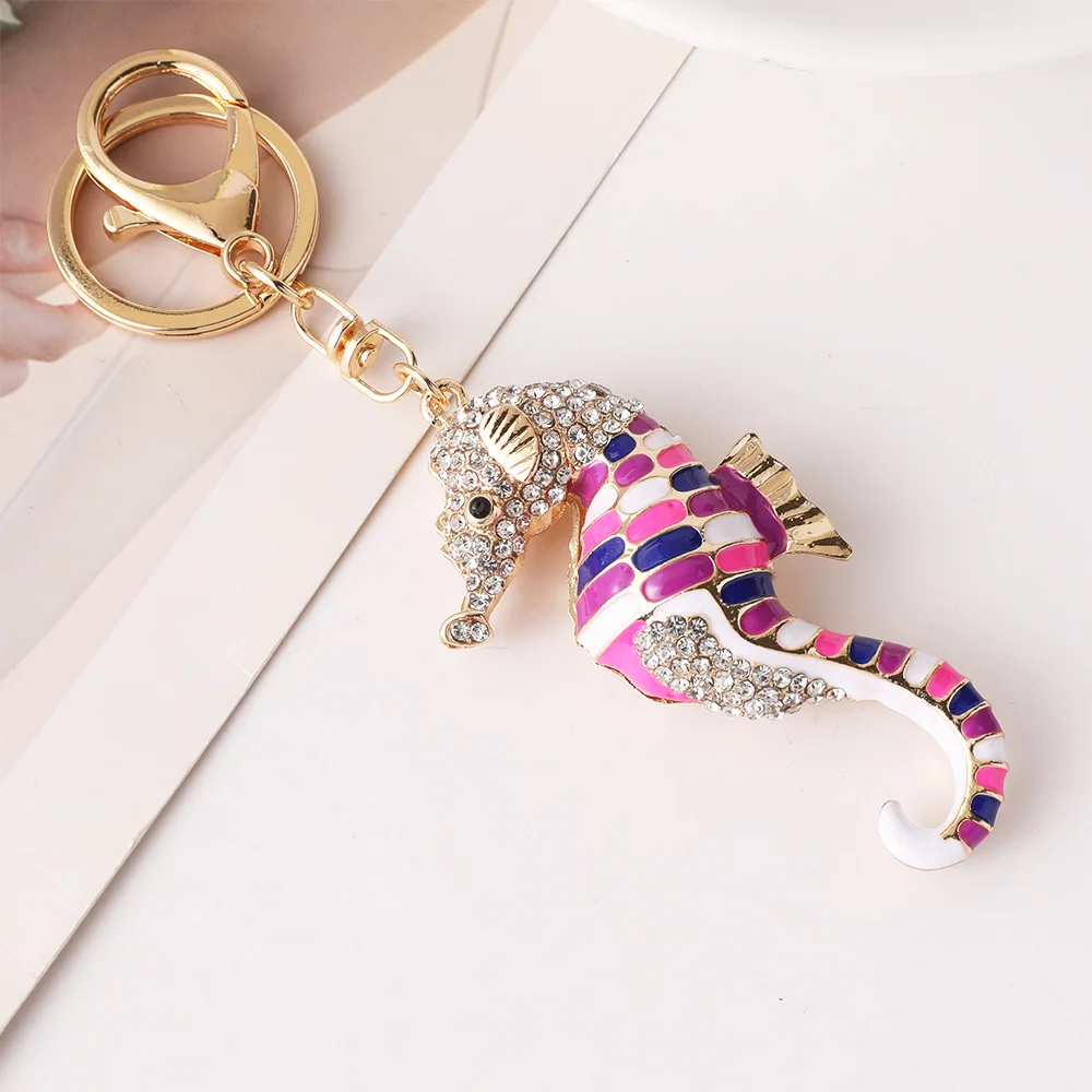 Personalized Enamel Colored Glaze Inlaid with Rhinestones Seahorse Car Keychain Marine Creature Bag Pendant Small Gift