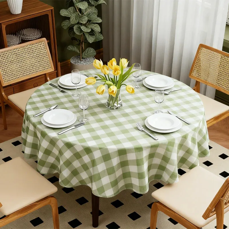 VIKAMA Runde Tischdecke, grün-weiß, Büffelkaro, wasserdicht, für den Außenbereich, Picknick, Camping, Party, Dekoration