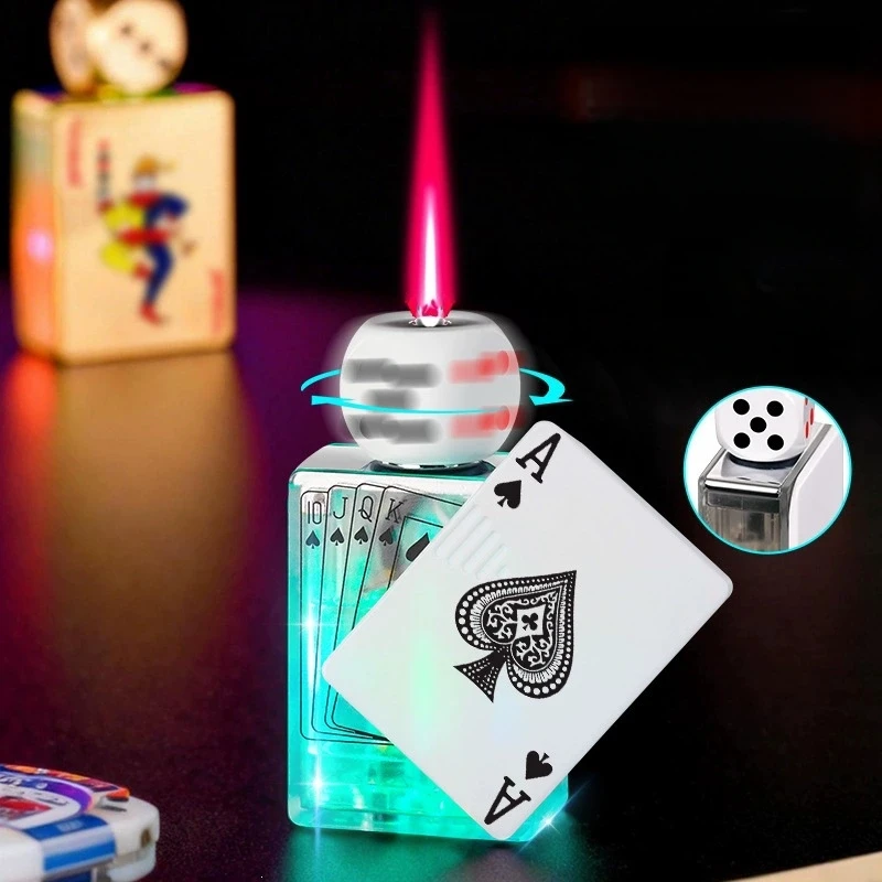 New Transparent Lantern Rotating Dice Poker Card Stereoscopic Lighter Windproof Jet Flame Outdoor Portable Lighter Gift