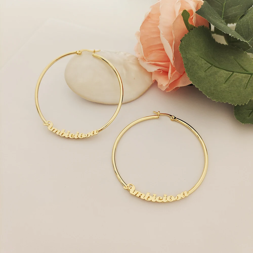 

2023 New Custom Letter Earrings Personalized Round Name Jewelry Gift 30mm-100mm Stainless Steel Big Hoop Earrings with Words