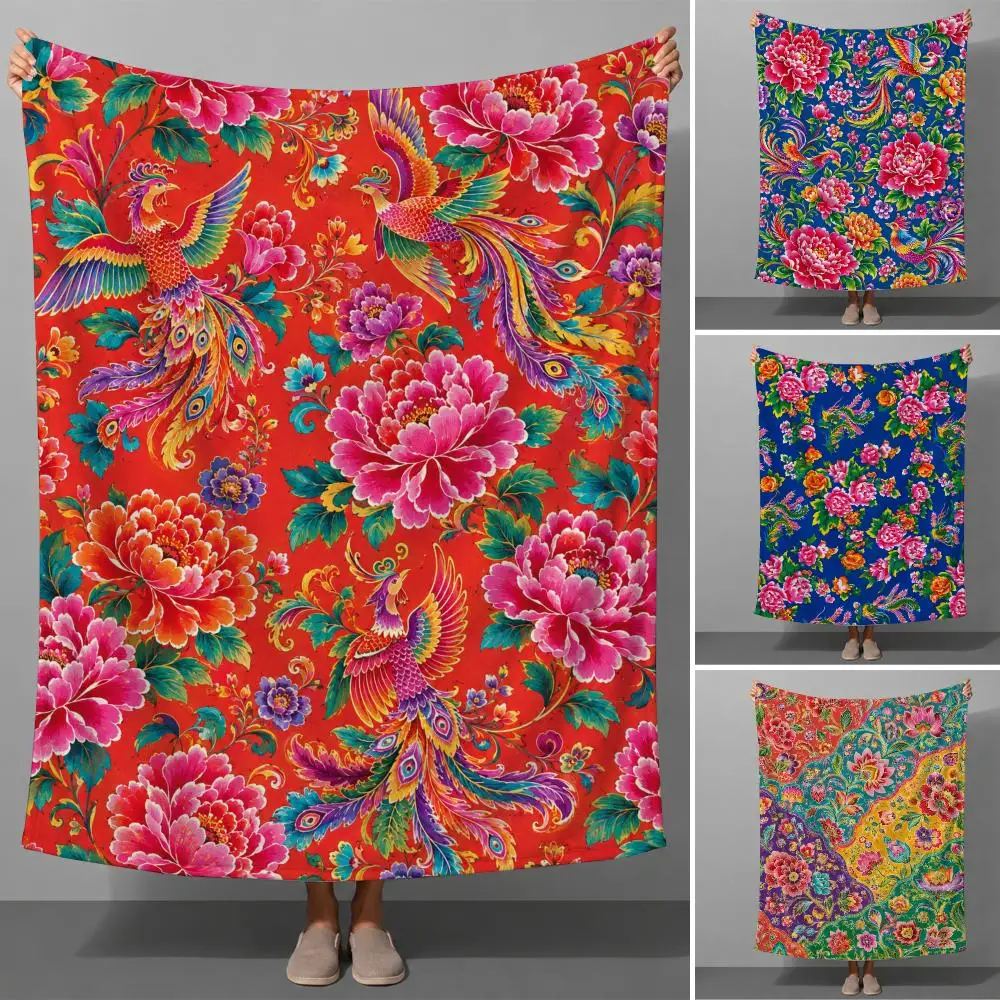 Chinese Peony Phoenix Floral Vintage Colorful Art Throw Soft Flannel Throw Blanket for Couch Bed Sofa Warm Cozy All Season
