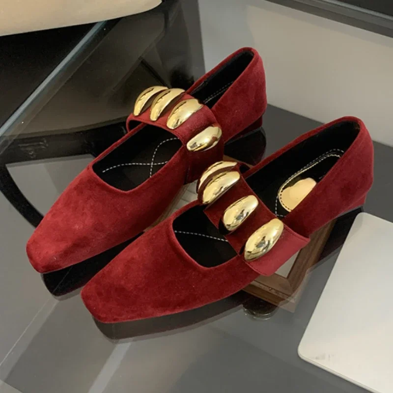 

Suede Metal Buckle Square Toe Mary Jane Shoes Women Fashion Chunky Heel Loafers Female Leisure Comfort Muller Pumps Women