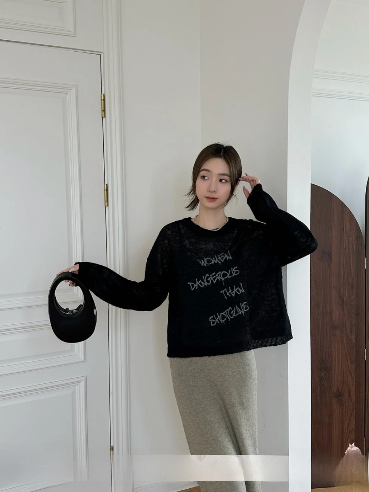 

DearSocute Женский вязаный топ с длинным рукавом, спущенным плечом и круглым вырезом, из смесовой шерсти, для повседневной носки