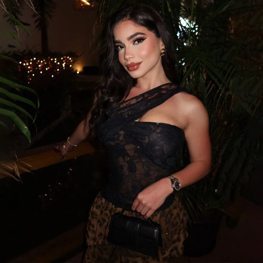 Sukienka klubowa z szyfonu w seksowny panterkowy wzór, modna sukienka bez pleców z koronkowymi wstawkami, bez rękawów, idealna na imprezę, 2026.