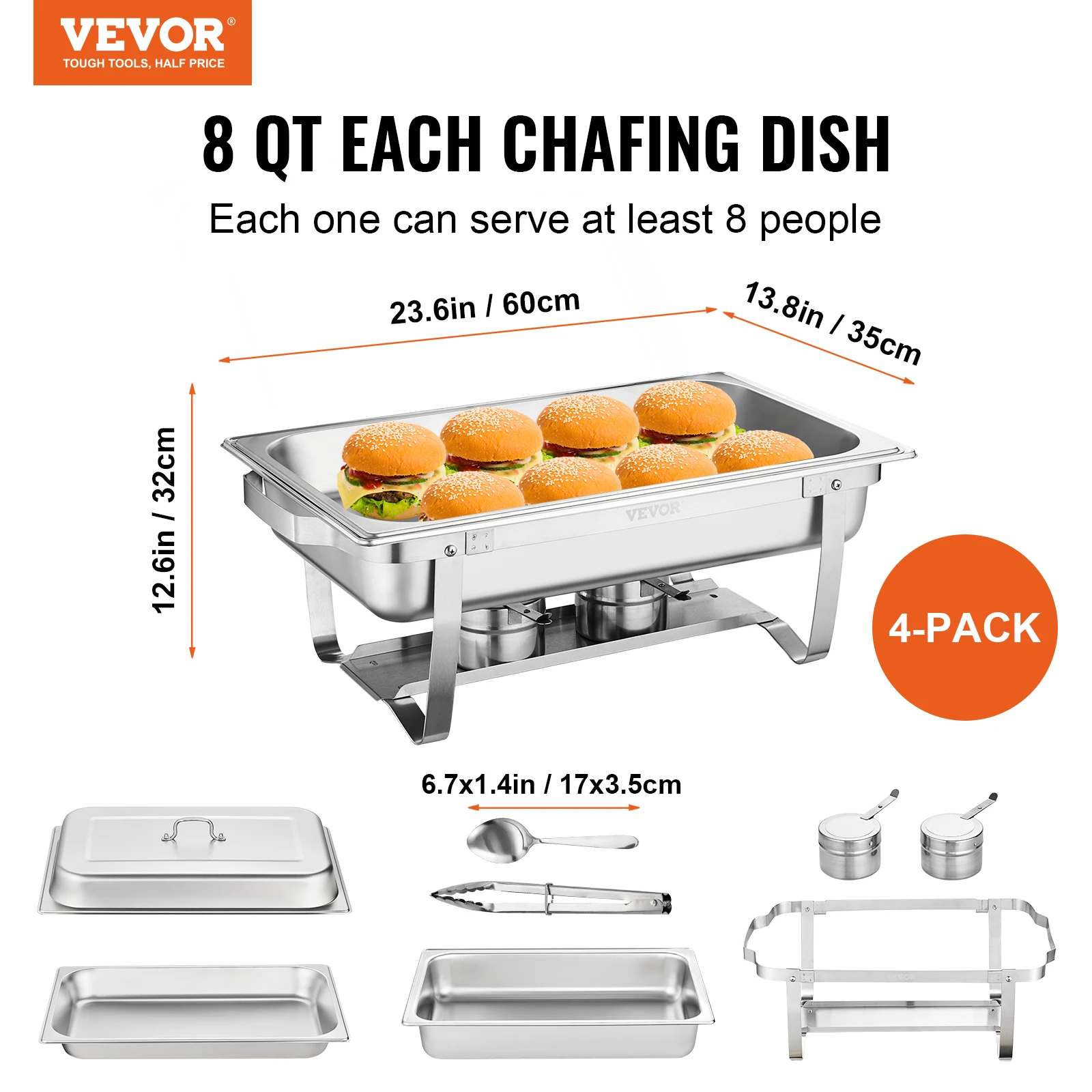 VEVOR Chafing Dish Buffet Set 4 Packs 8 Quart Stainless Steel Rectangular Chafing Full Size Food Pan Chafing Servers With Cover