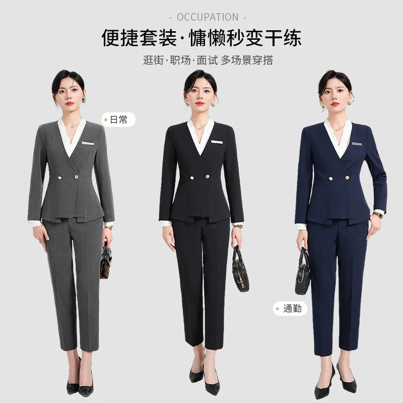 Navy Blue Suit Women's Spring and Autumn High-End Business Wear High-End Jewelry Shop Formal Wear Hotel Manager Work Clothes