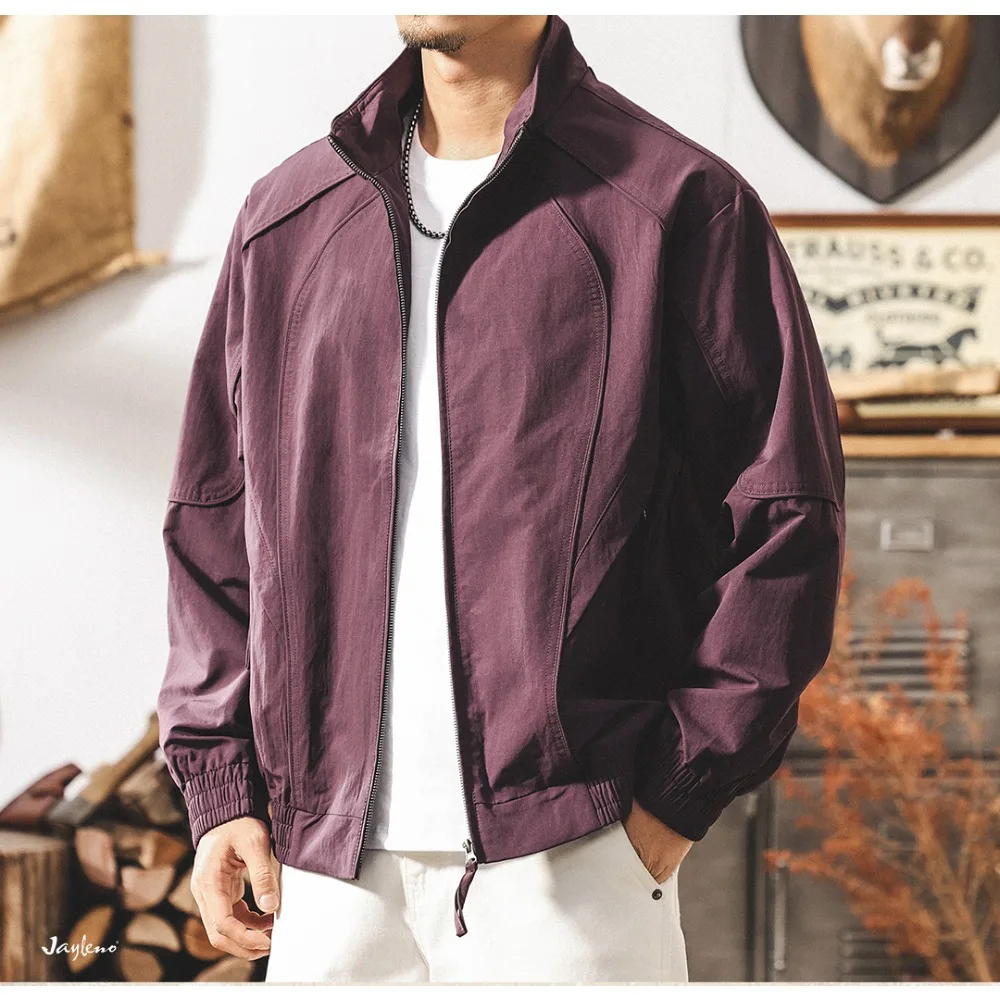 A trendy American retro purple jacket for men, a new spring and autumn commuting stand-up collar loose coach jacket for men view 5