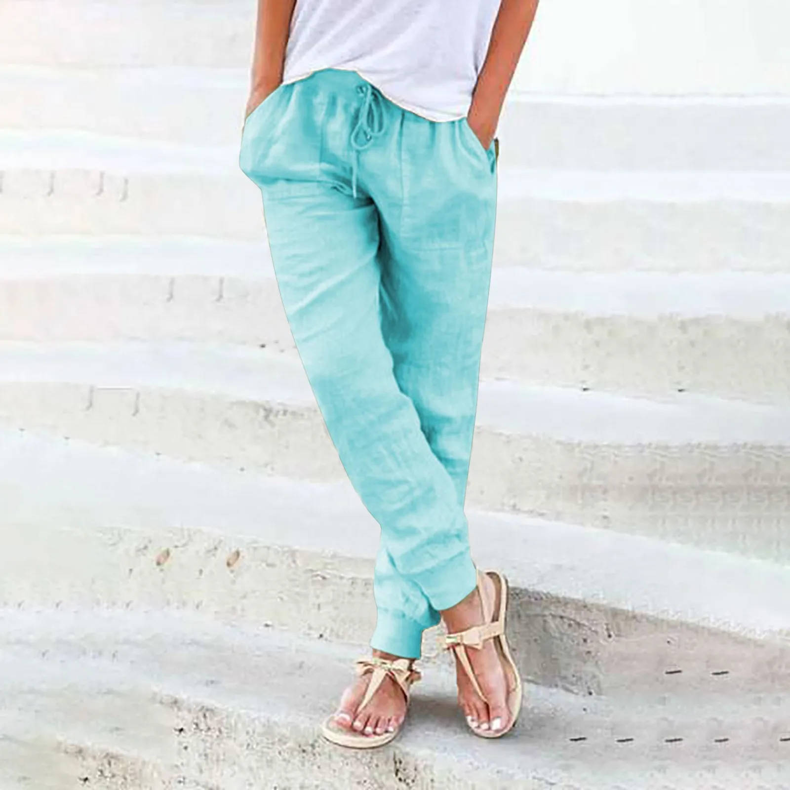 Womens Basics Ankle-Tied Ankle-Length Pants Drawstring Slim Fit Pencil Female Pants Casual Solid Color Slight Strech Trousers
