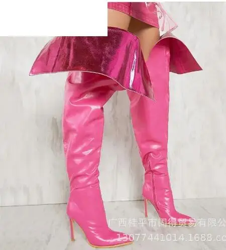 Special Black Hot Pink Leather Big Calf Fold Pointed Toe Thin Heels Over The Knee Boots Women Fashion Run Way Long Botas Shoes