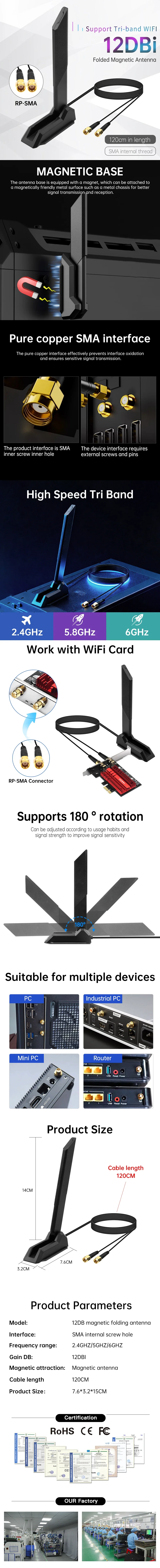 Dreifachband-WLAN-6E-Antenne mit RP-SMA-Magnetfuß für AX210 AX200 PCI-E PC Externer Antennenverstärker 2,4 G 5 G 6 GHz 1,2 Meter – Detail 1