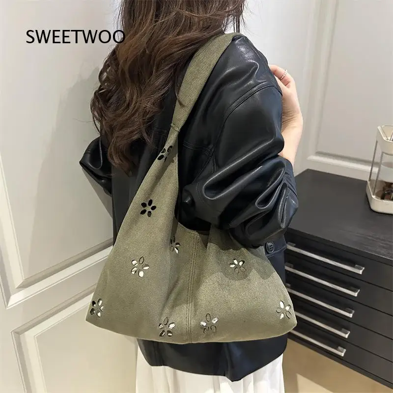 Olive Green Hollow Flower Hobo Bag Boho Vintage Fabric Large Capacity Casual Daily Underarm Shoulder Handbag