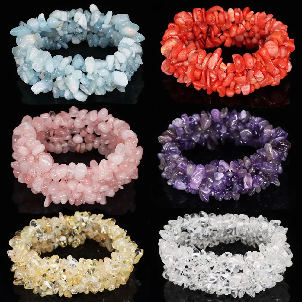 Natral Crystal Irregular Stone Bracelet Bead Chip Energy Jewelry Amethyst Aquamarine Rose Quartz Wristband Bangle for Women Gift