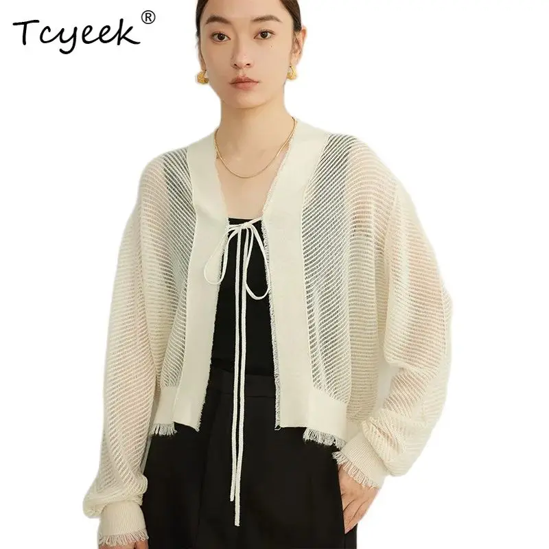 Tcyeek, 32.4% ขนสัตว์Elegantครึ่งแขนเสื้อสเวตเตอร์ถัก,ผู้หญิงLace-Up Hollow Out,แฟชั่นเสื้อลําลอง,ฤดูใบไม้ร่วงฤดูหนาวC47853QM