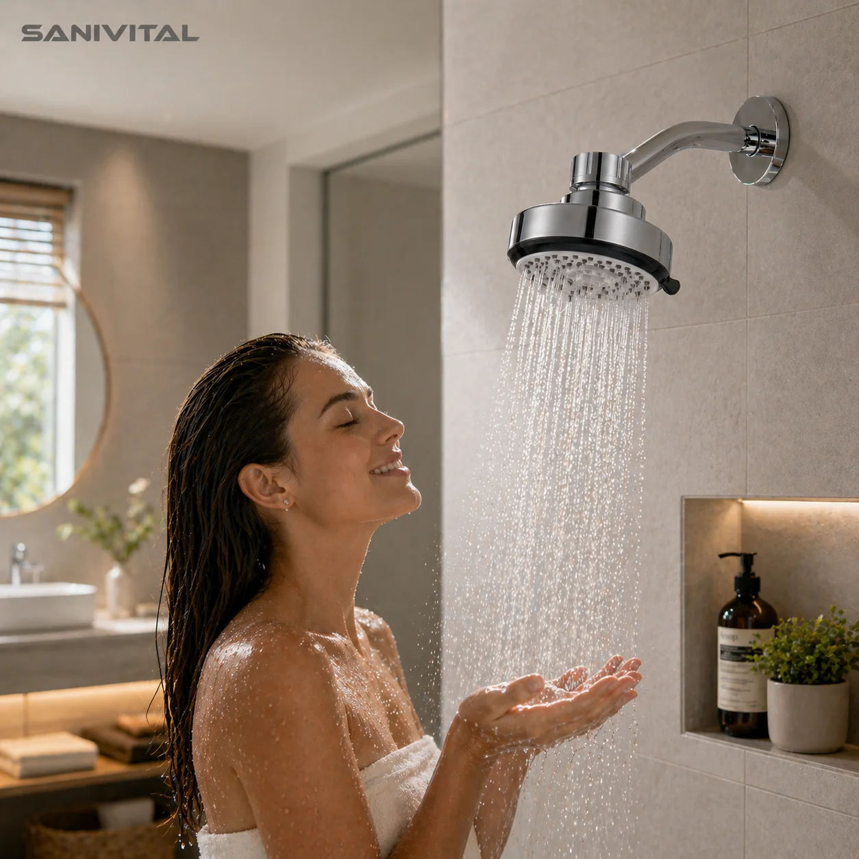 SANIVITAL 4 Spray Modes Fixed Shower Head 360° Rotatable High Pressure G1/2 Chrome Overhead Sprayer