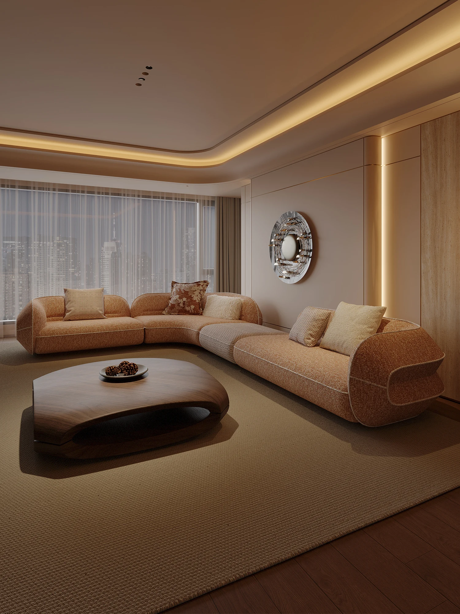 BAIYI Rust Curved Modular Sectional Sofa L Shaped Cylinder Roll Armrest Deep Seat Low Profile For Large Living Room Villa
