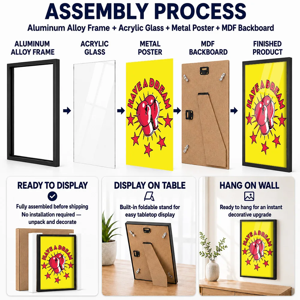 Boxing Gloves Dream Metal Poster With Aluminum Alloy Frame Customized Comic Style Wall Art For Training Studio And Fitness Room