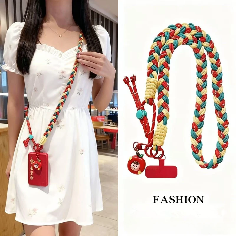 Colorful Braided Phone Neck Lanyard Adjustable Woven Phone Strap Anti‑Lost Phone Rope With Tether Patch For Cell Phone Case