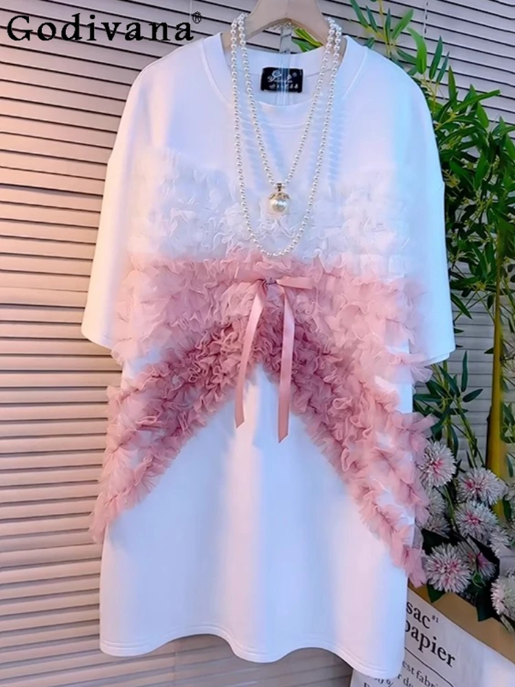 

Large Size 2025 Summer New Media and Long Lace Splicing O-neck T-shirt Sweet Bow Age-reducing Versatile Short Sleeve Korean Top