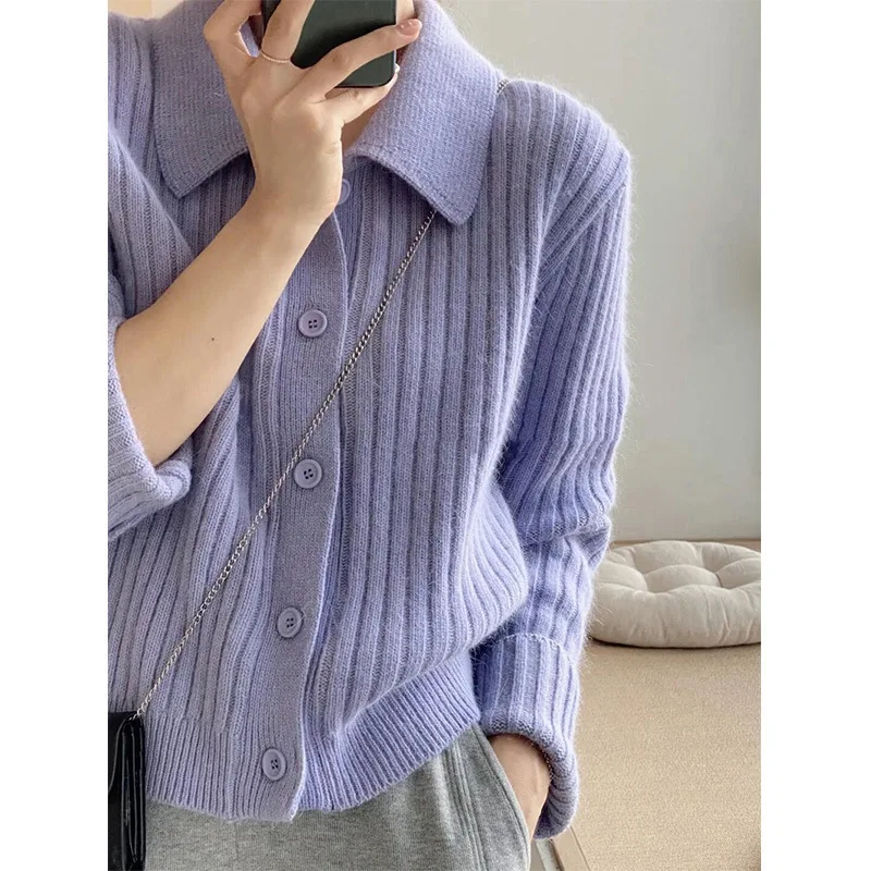 

Polo Knitted Cardigan for Women Autumn Winter Loose Sweater Jacket Korean Style Single Breasted Long Sleeve Short Knitted Coat