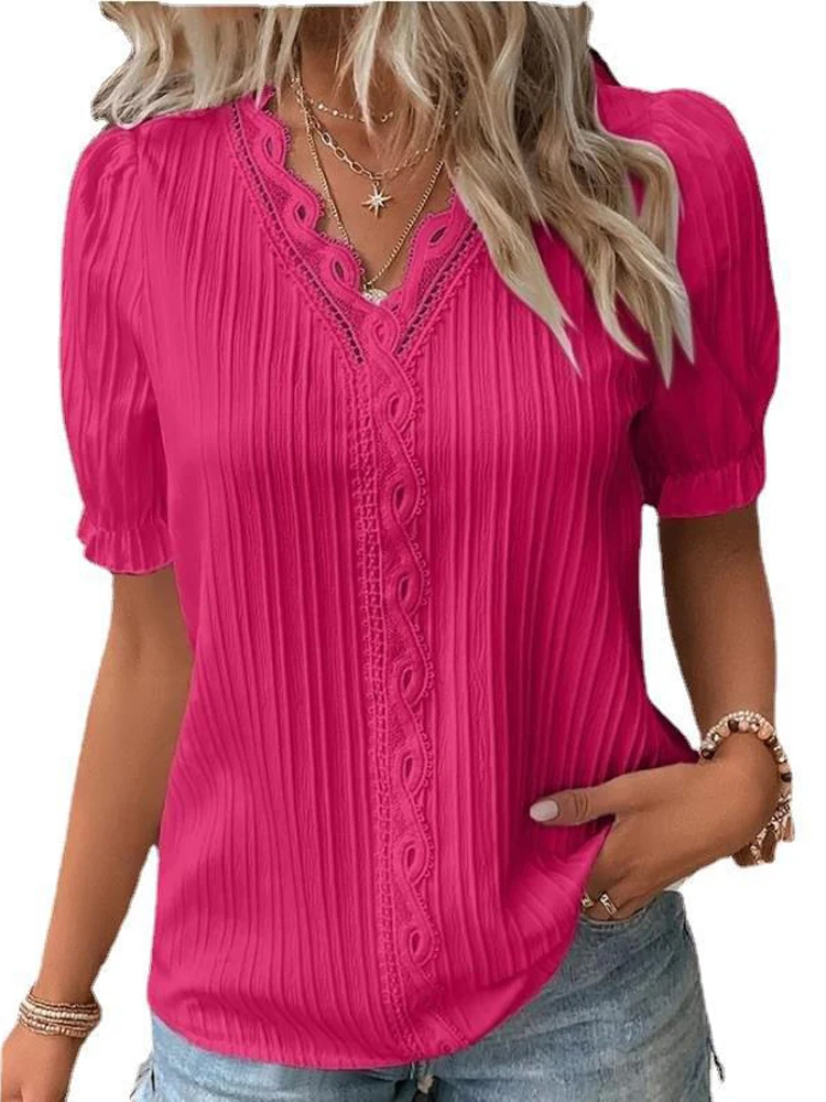 Women\'s Summer New Top 2024 Solid Sexy V-Neck Hollow Short Sleeve Shirt Fashion Splice Plus Size Blouse Loose Street Apparel