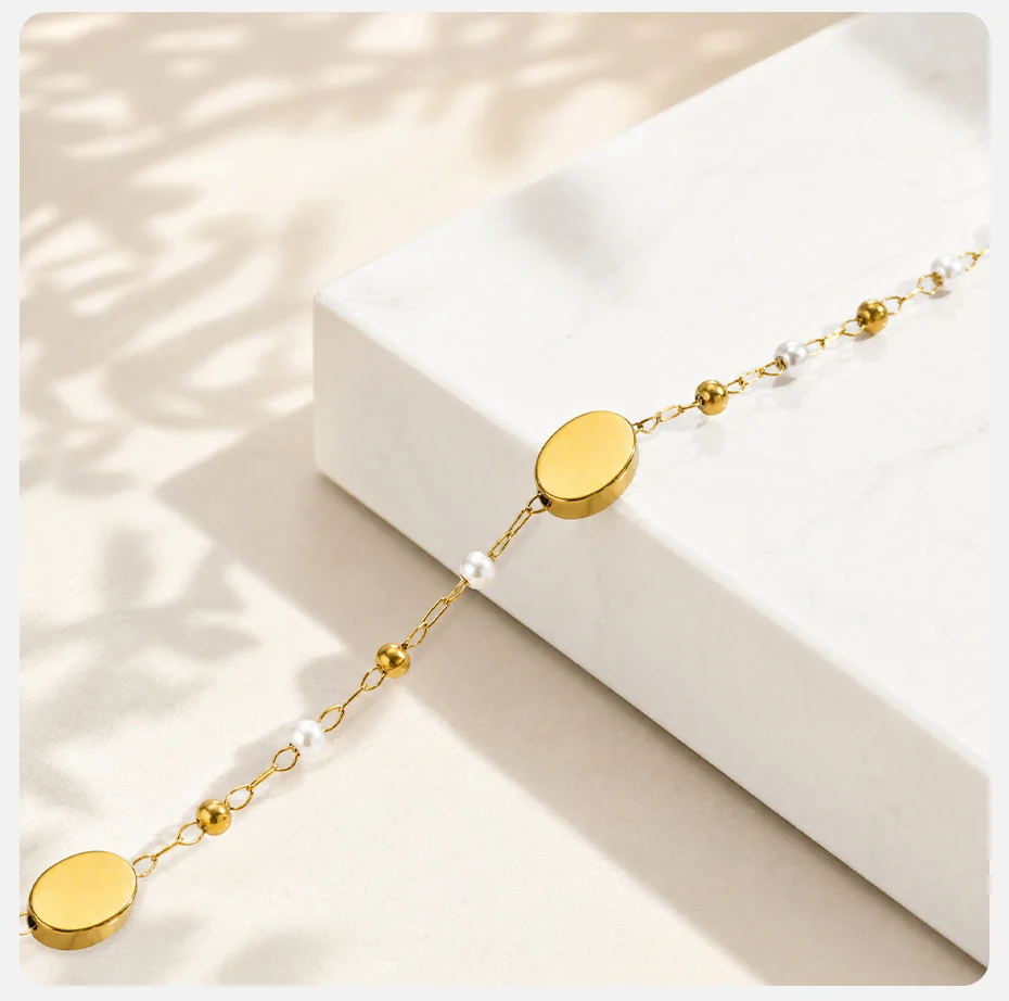 Vnox Minimalistische Stapelbare Halskette und Armbänder mit Imitationsperlen für Damen, Trendiger Edelstahl-Schmuck mit Goldplattierter Ovaler Kette – Detail 1