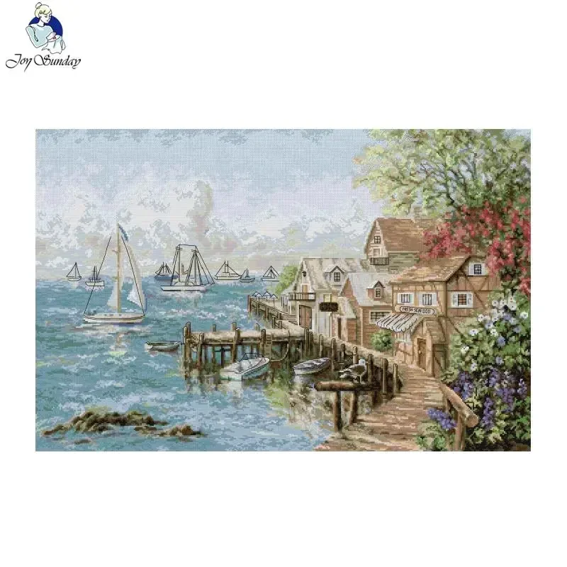

Joy Sunday Mariner's Haven Pattern Printed Cross Stitch Kits Aida Cloth 16CT 14CT Fabric DIY Craft Needle Hand Embroidery Sets