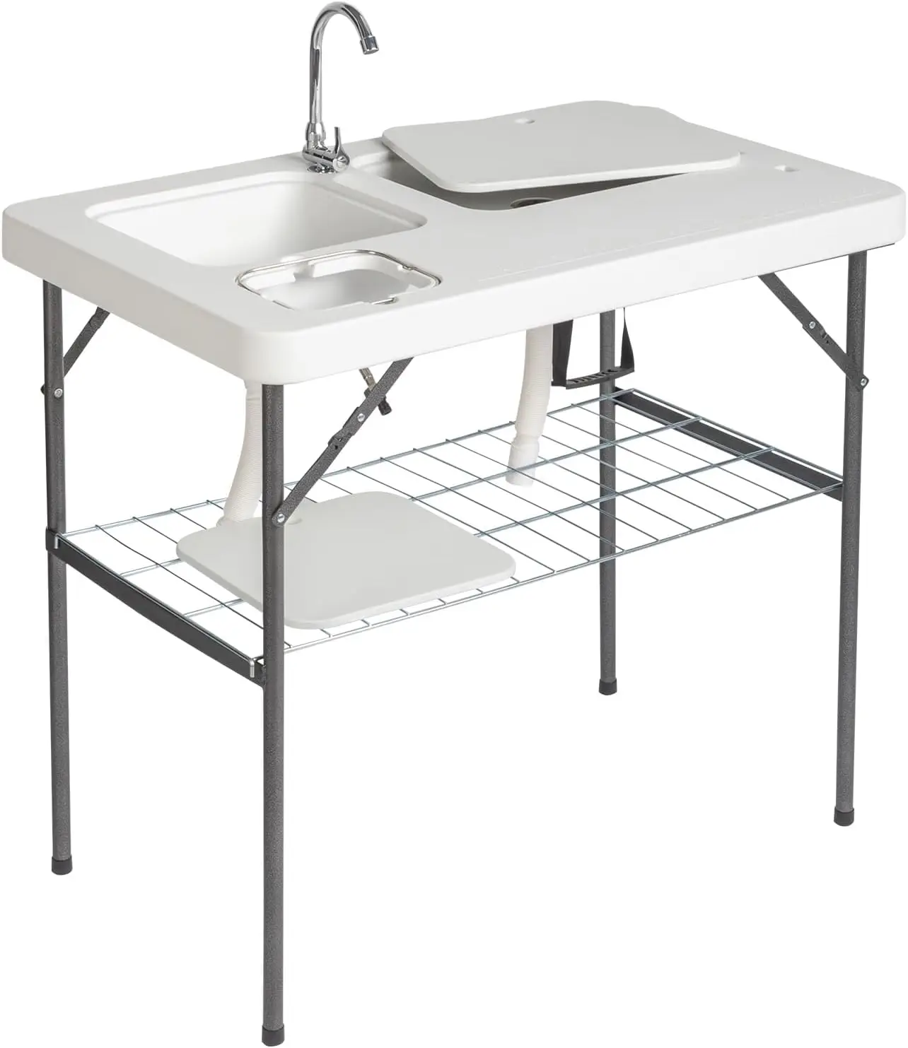 

40" Folding Fish Cleaning Camping Table w/Faucet Sink Outdoor Portable Fillet Station w/Grid Frame Knife Groove Multifunctional