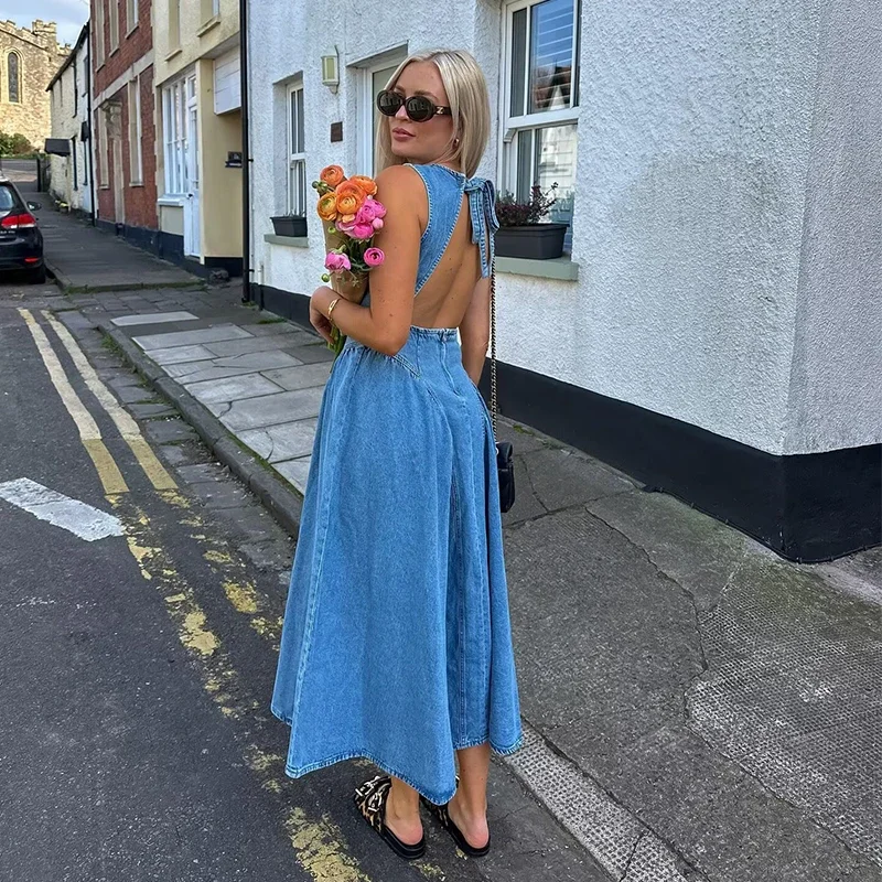 Mode Zurück Aushöhlen Plissee Lange Kleider für Frauen Oansatz Ärmelloses Kleid Vintage Weibliche Elegante Party Kleider