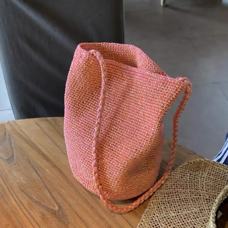 

Large Capacity Handwoven Bucket Bag Solid Color Boho Metal Line Bucket Bag Handmade Crossbody Bag Gifts