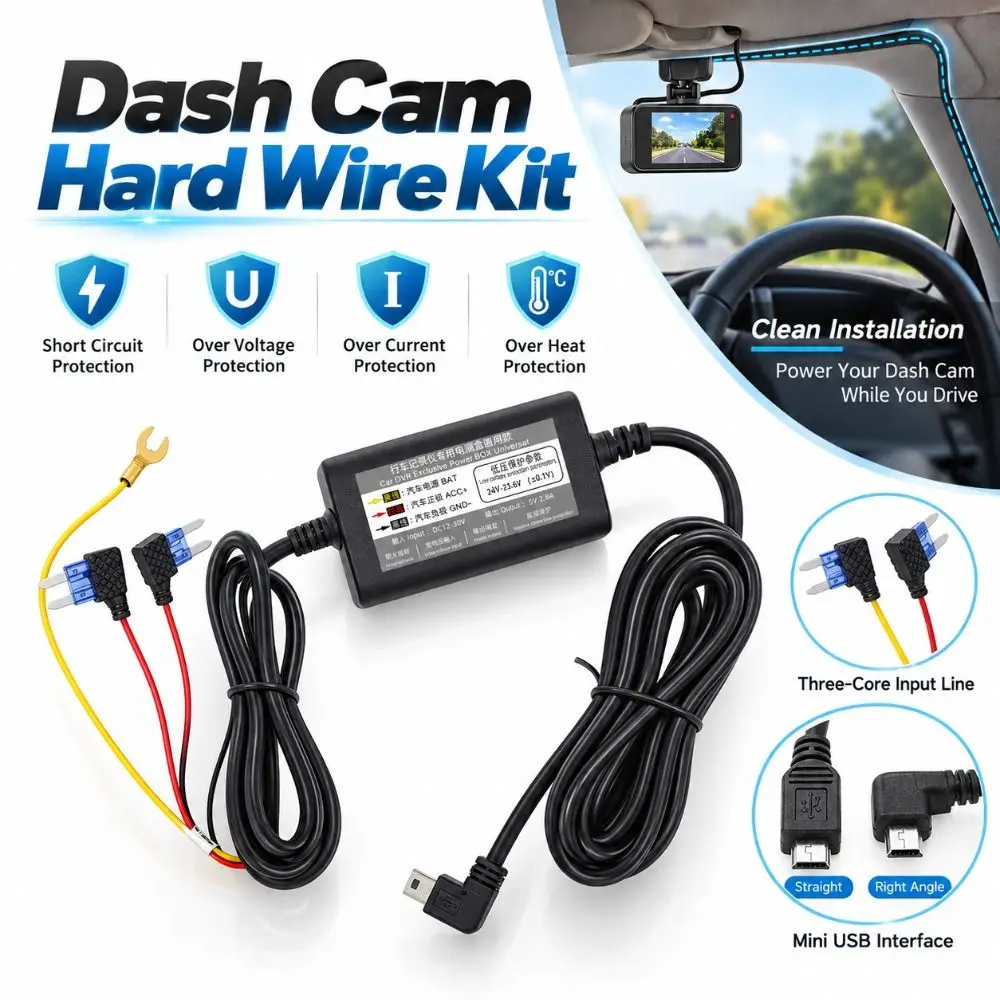 New 3.2m Dash Cam Hardwire Kit Low Voltage Protection Fuse Tap Connectors Dash Cam Hard Wire Kit Dash Camera Power Cord