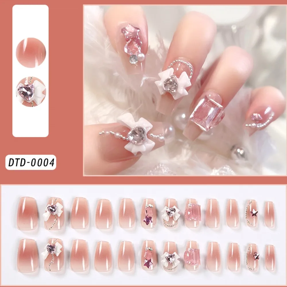 24Pcs/Lot Long Coffin False Nails with Bow Tie Rhinestones Nude Wearable Fake Nails DIY Full Cover Press on Nails Manicure Tips