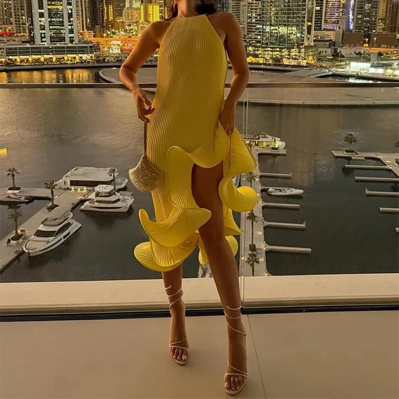 Damen Romantisches Gelbes Neckholder-Maxikleid Geripptes Strickkleid mit Rüschen und Hohem Schlitz Figurbetontes Vestido 2026 Damen Neue Frühjahrsmode Trendige Roben