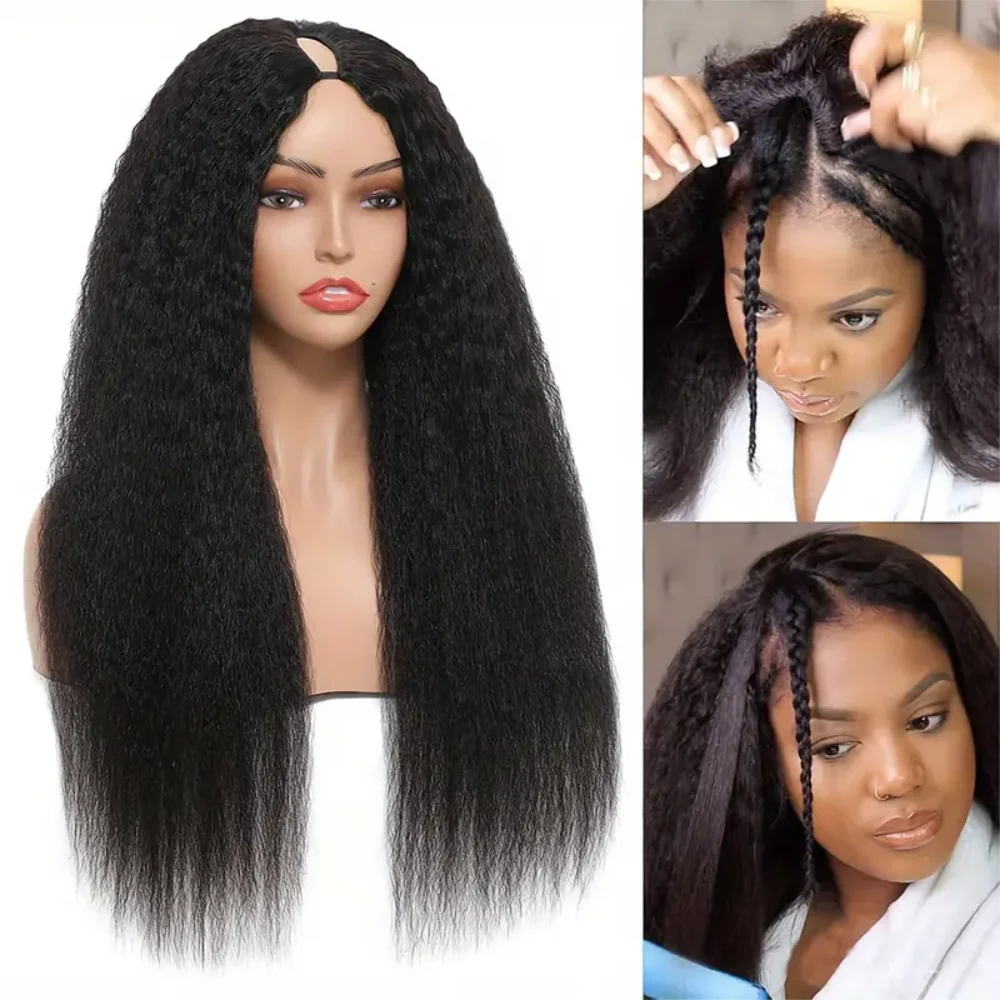 Kinky Straight V Part Human Hair Wigs Natural Black Yaki Straight Wig With No Leave Out V Part Wig Human Hair Full Machine Made