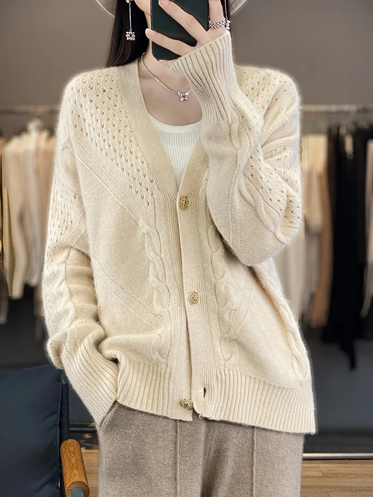 

Women's V-Ne Knitted Sweater Cardigan 00% Pure Wool Loose Fit Faion Outerwear Twist Flower Design Autumn Winter New Arrival