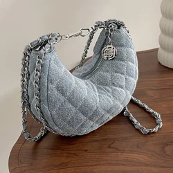 Fashion Denim Women Handbags Chains Lingge Crossbody Bags for Women Half Moon Canvas Shoulder Bag Ladies Purses Tote Clutch Chic