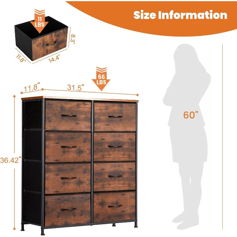 Dresser for Bedroom Drawer,with 8 Drawers,Chest of Drawers with Fabric Bins, Steel Frame, Wood Top for Bedroom, Closet, Entryway