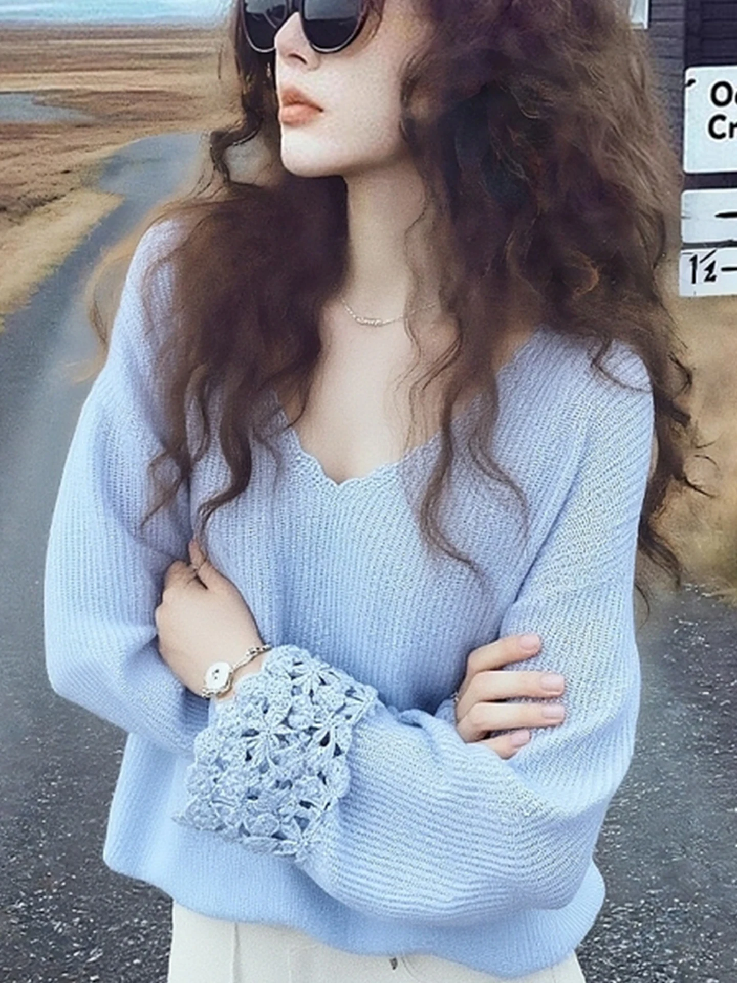 2025 Winter Commute V-Ne Long Sve Knitted Sweater Hollow out Camere Women's Loose Fit Pure Color Faion Korean Sle