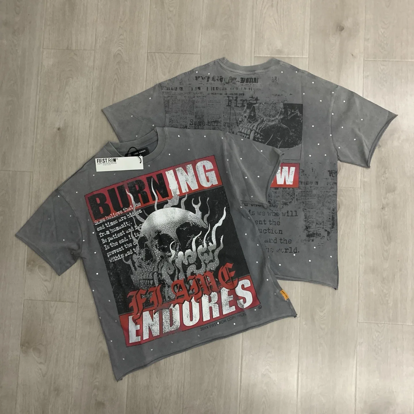 First Row Skull brand - Stamped diamonds Antique washed Streetwear T-shirt Loose cotton Round neck Short sleeve