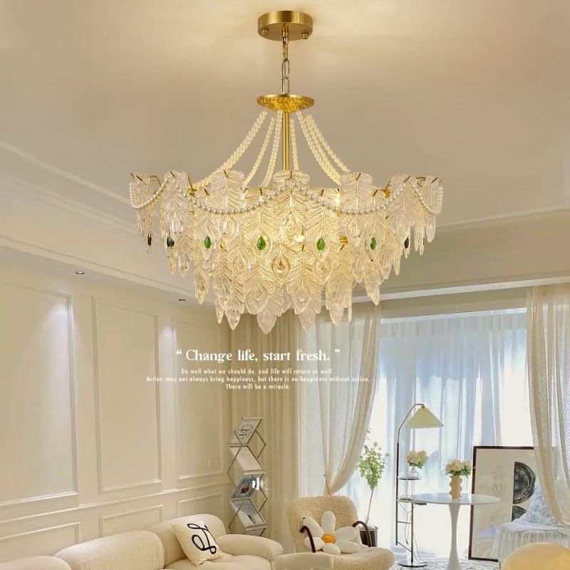 

Living room chandelier - French vintage glass cream style bedroom dining room pearl pendant hall light