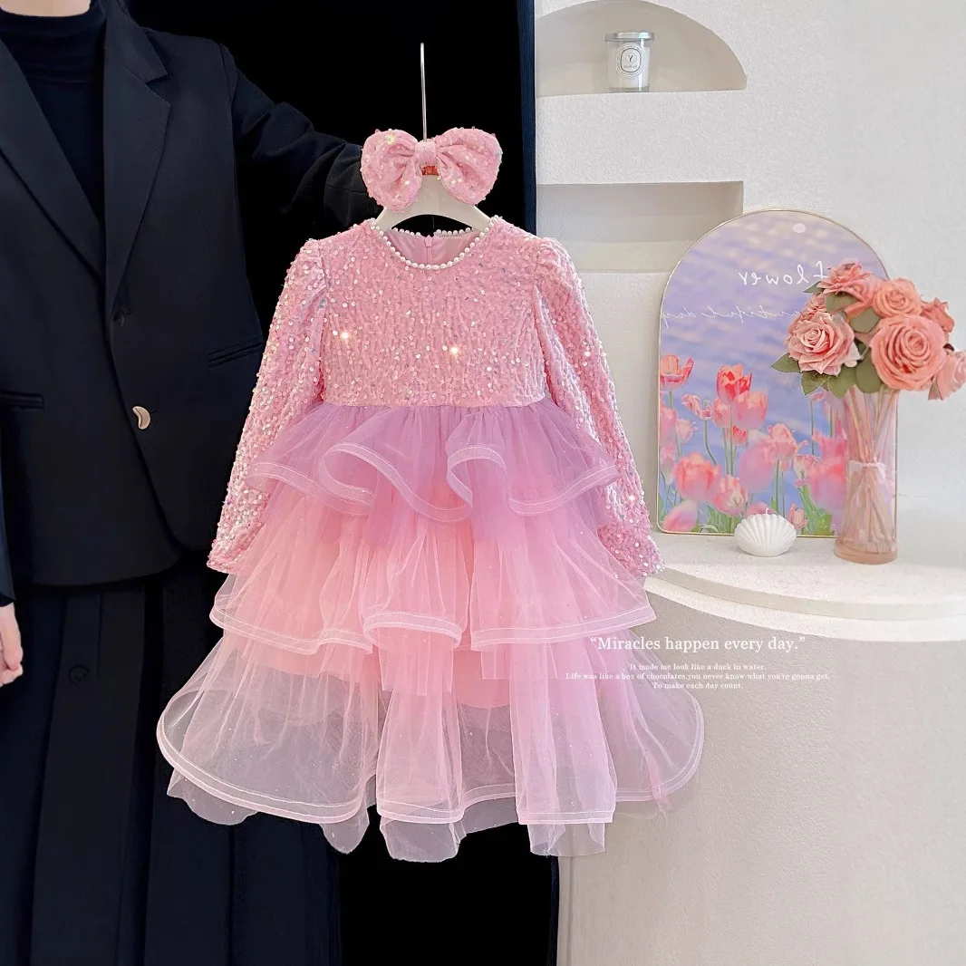

Girls Dress 2025 Spring Autumn Winter New Sparkling Mesh Princess Dress Fashion Children Sweet Dress