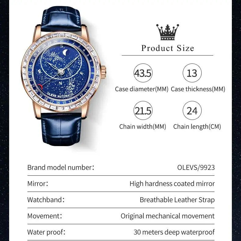 OLEVS 9923 Upgraded Men\'s Automatic Mechanical Watch Rotating Second  Moon phase Blue Starry Sky Luminous Waterproof Wristwatch