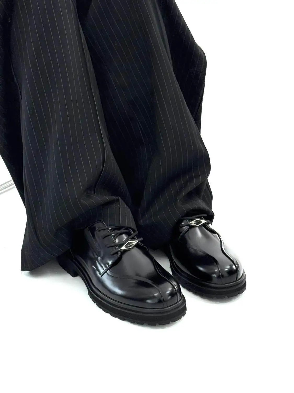 Men's Black Glossy Leather Derby Shoes Split Stitch Toe Metal Accent Thick Anti-Slip Sole Vintage Platform Daily Street Footwear