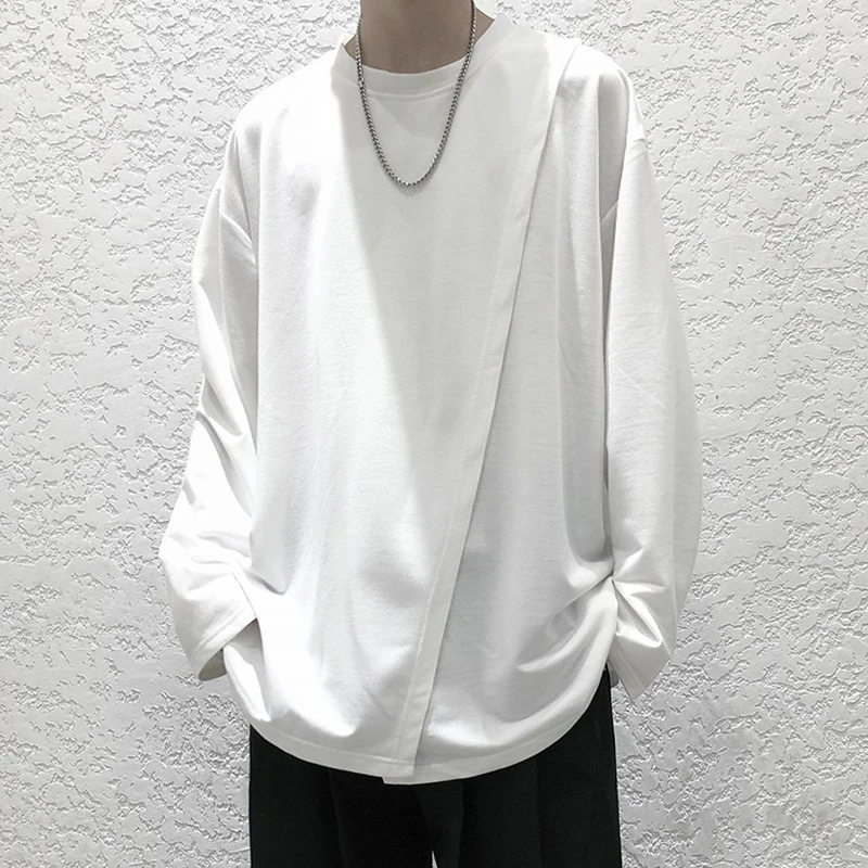 Side Slit Men O Neck Long Sleeve Sweatshirts 2022 Autumn Spring Loose Fashion T Shirt All-match Casual Harajuku Oversize Clothes