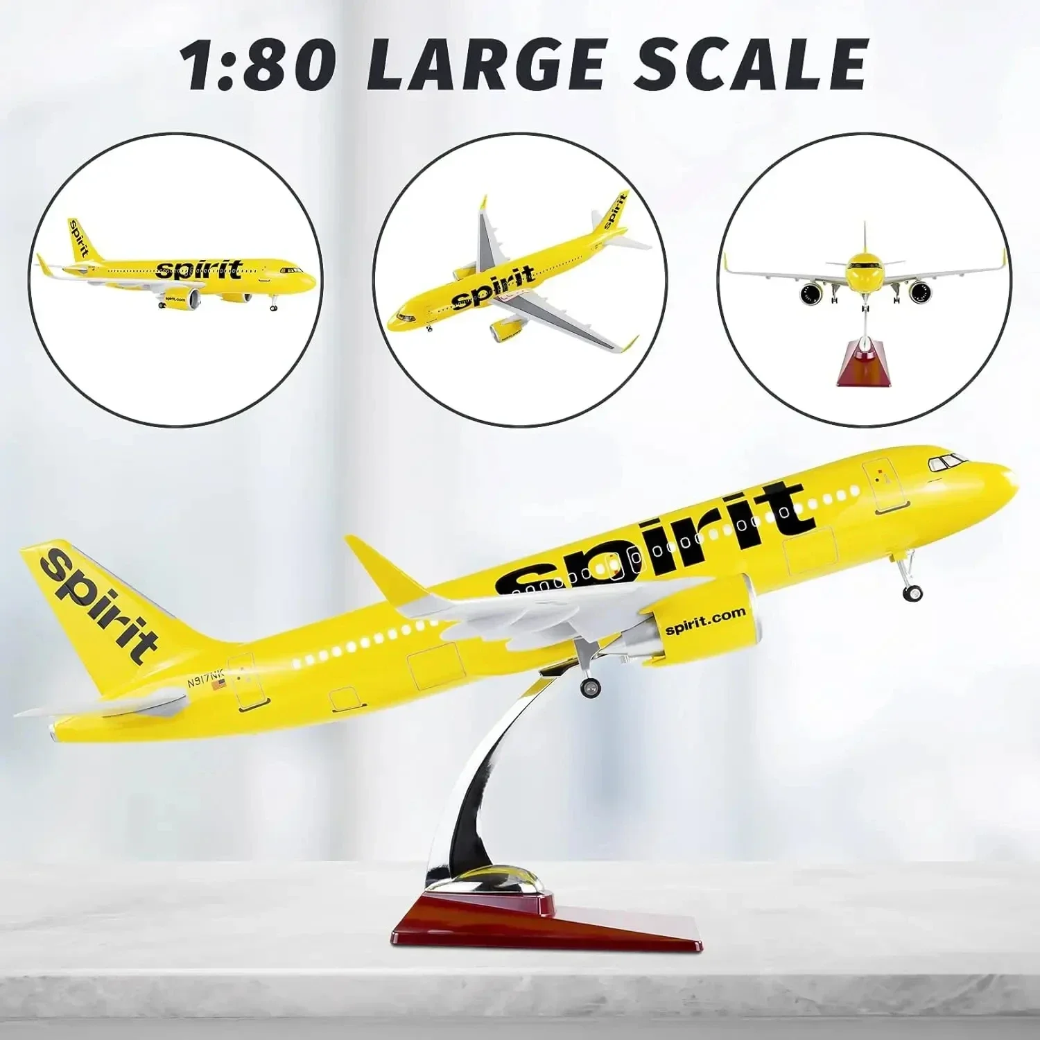 

1:80 Scale Large Airplane Model Spirit Airlines Airbus 320 Plane Model Diecast Airplanes with LED Light for Collection or Gift