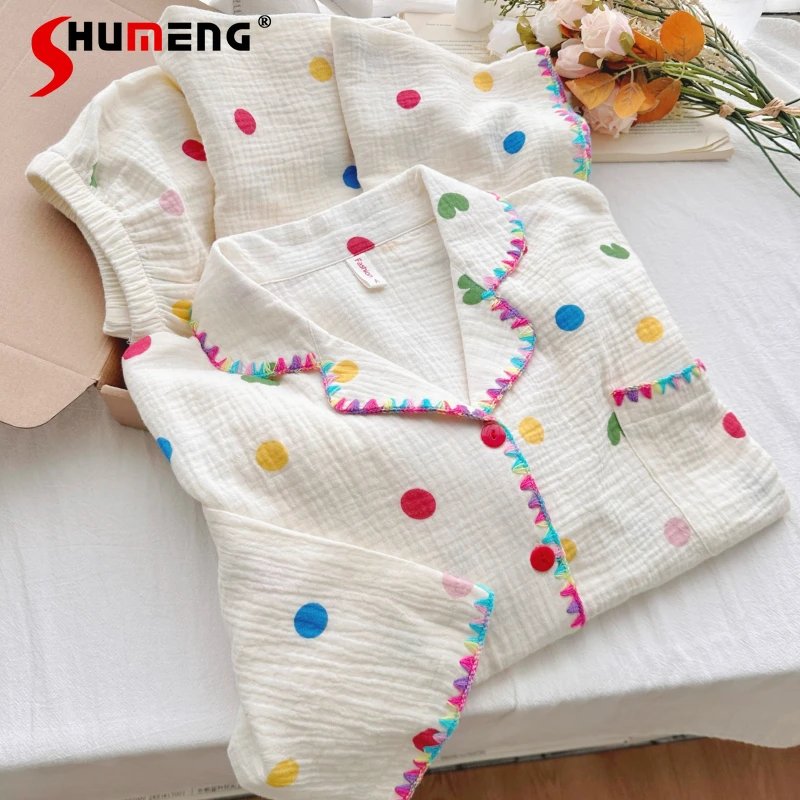 

Красивые пижамы в горошек в японском стиле для женщин, весенне-осенний комплект домашней одежды из хлопковой марли, женское нижнее белье из чистого хлопка, костюмы