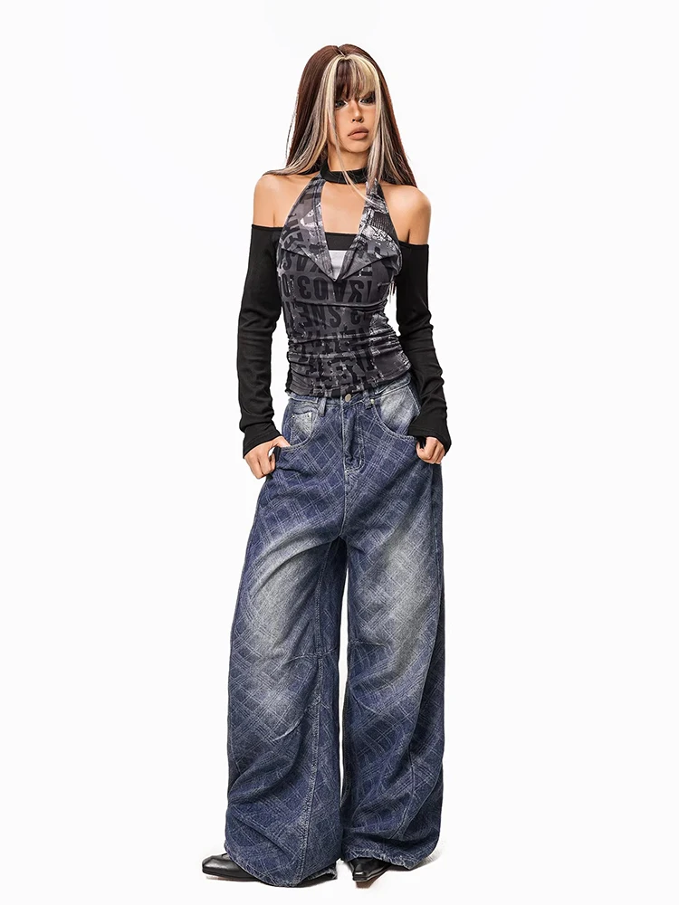 2026 Women Checkered Barrel Jeans Vintage Distressed Graphic Print High Waist Wide Leg Pants Casual Korean Y2k Streetwear