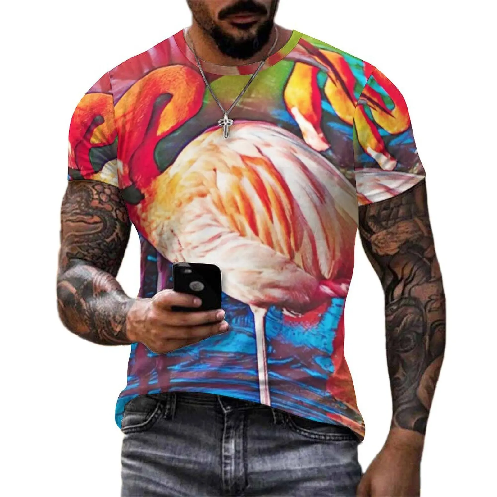 Flamingo Design T-Shirt Couple Abstract Painting Art Design O Neck T-Shirts Summer Retro Tops Short-Sleeved Oversize Tee Shirt